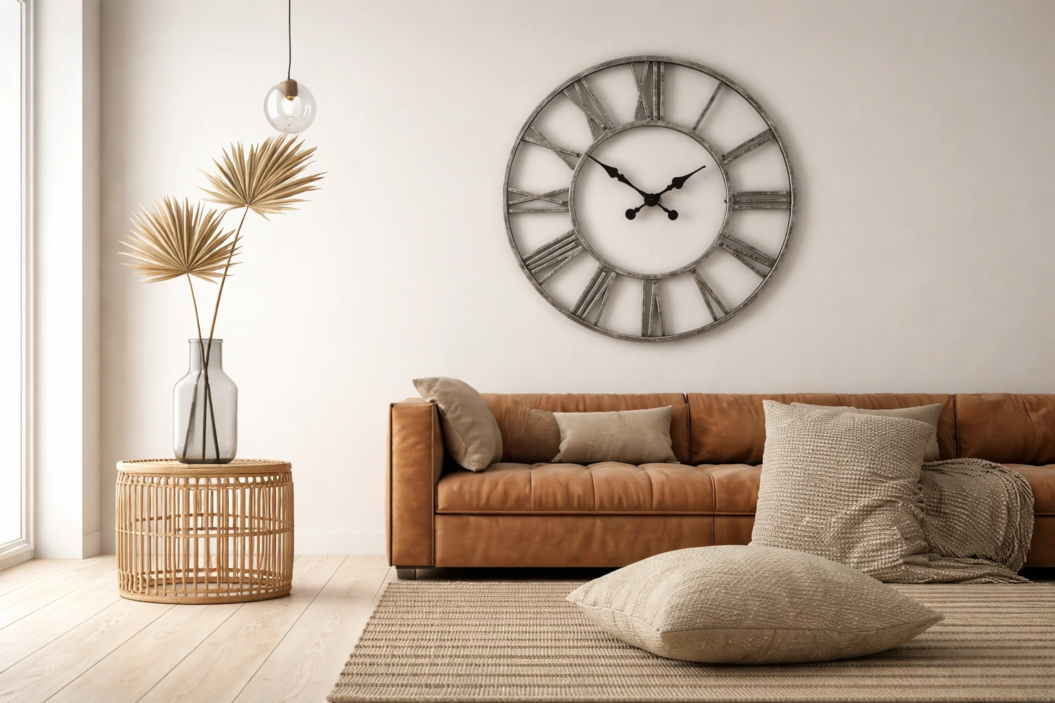 Cozy living room with designer pillows and rugs