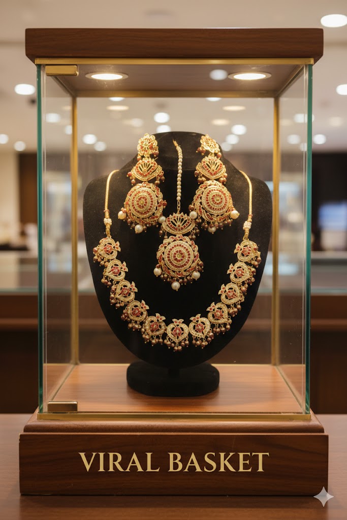 Gold-Toned Meenakari Necklace Set with Chandbalis and Maang Tikka (cd 112)