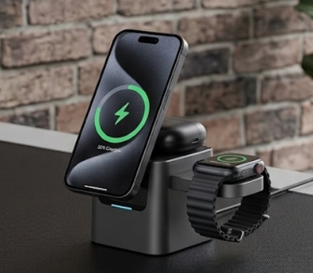 3-in-1 Electric Foldable Magnetic Wireless Charging Station – 15W Fast Charging Stand for iPhone, Apple Watch, and AirPods