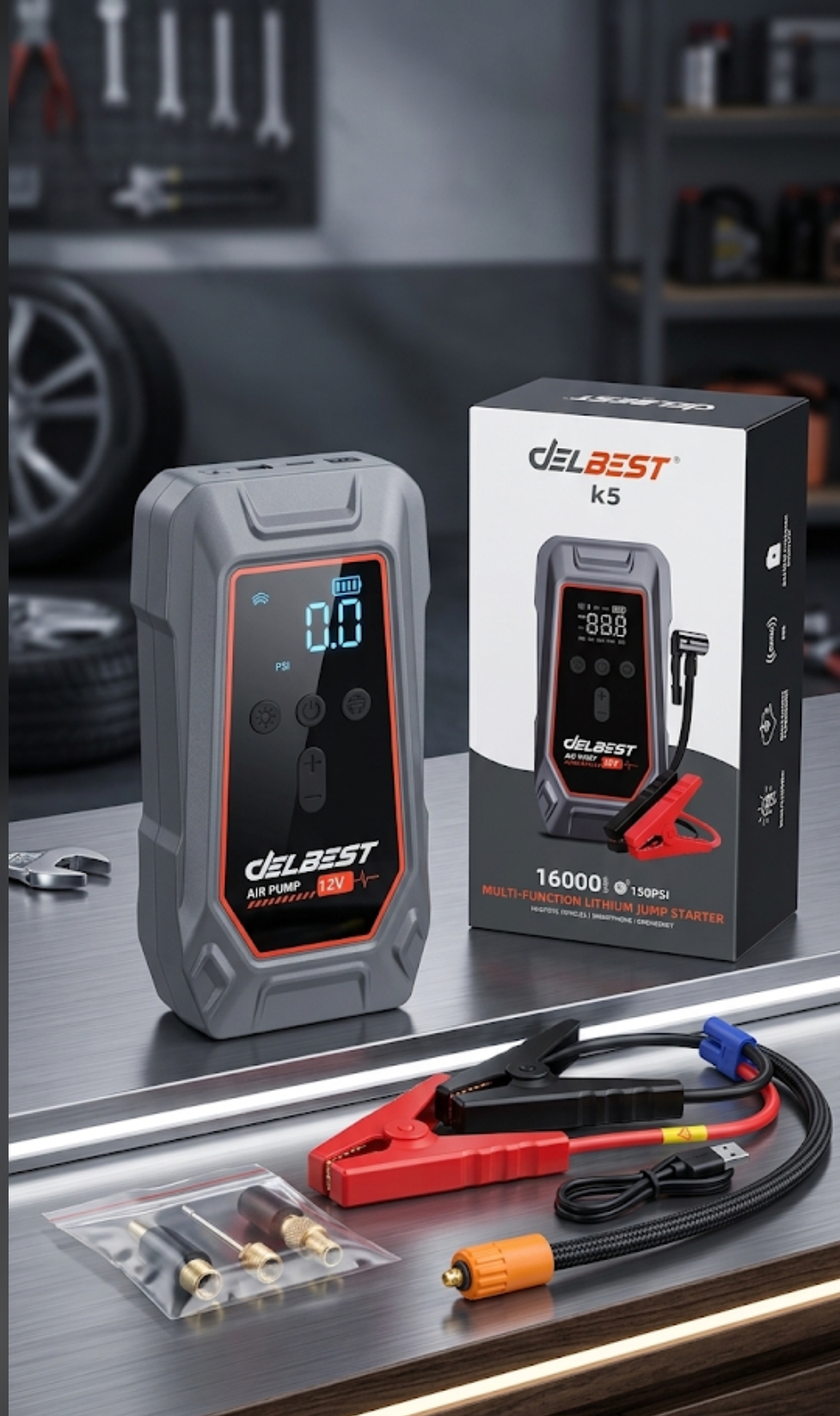 DELBEST K5 4-in-1 Portable Car Jump Starter with 150 PSI Tire Inflator | 16000mAh 12V Battery Booster Pack, Smart Jumper Cables, and Emergency LED Work Light