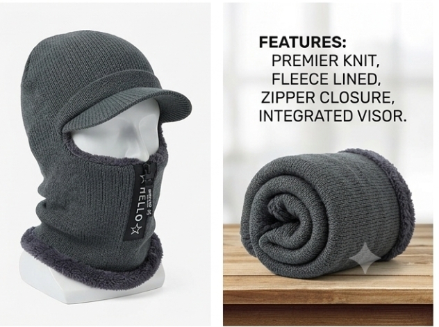 Premium Knit Balaclava Fleece Lined Winter Ski Mask Zipper Visor Beanie Unisex